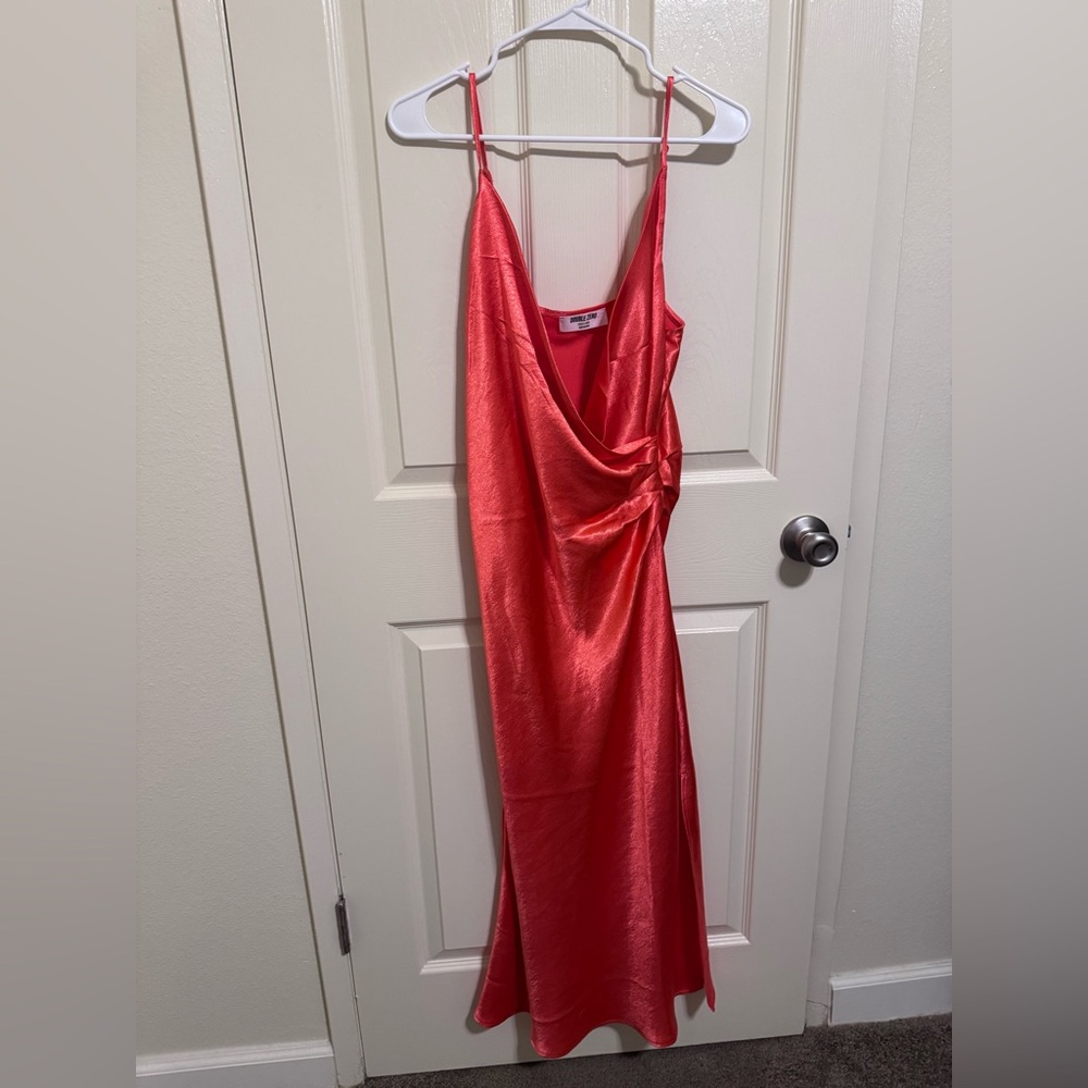 Double Zero Coral Backless Slip Dress Satin